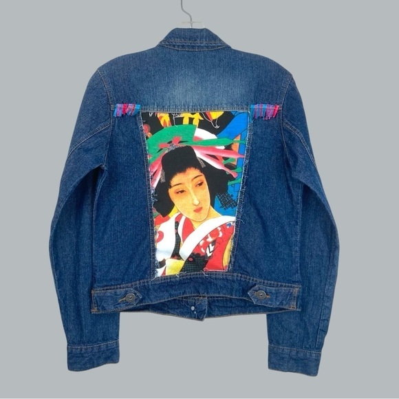 Novelty Find Geisha Face Print Patchwork Denim Jacket Harajuku Japanese Y2K - Picture 1 of 8